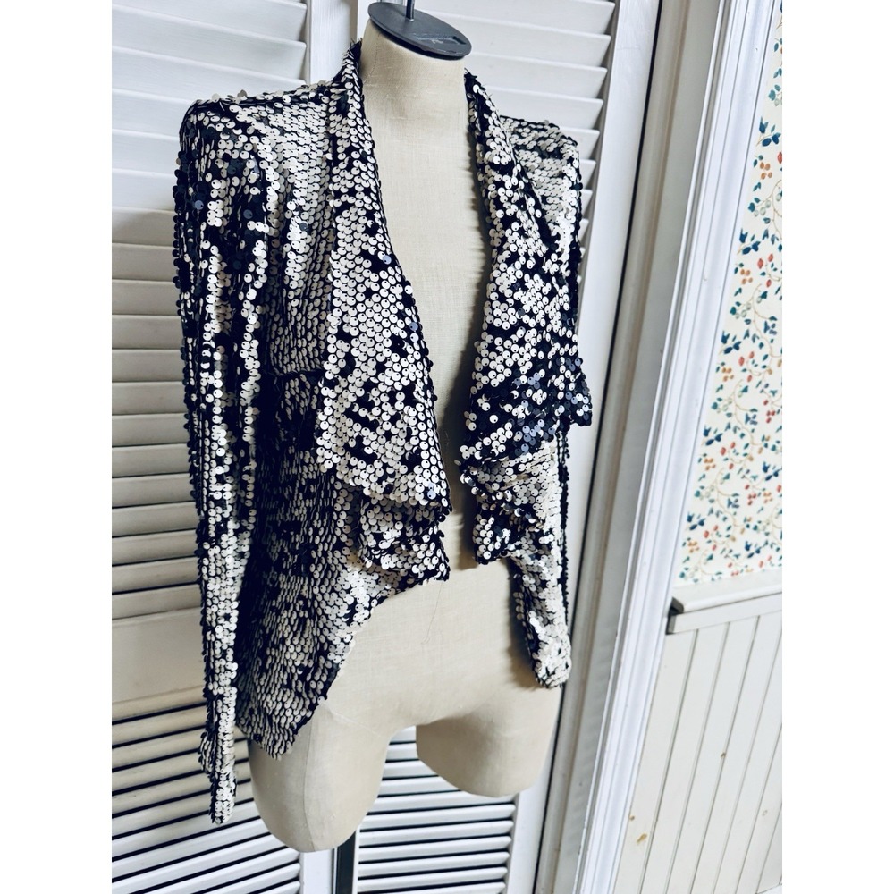 Dolce Cabo Black/White Sequin Open Drape Frontβ Cardigan Jacket S/ Small Nylon